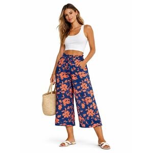 NWT Lomon Blue Orange Floral Linen Cotton Wide Leg Crop Pants L Resort NWT